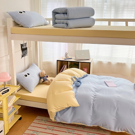 91家纺网 家纺一手货源 找家纺 （总）（总）2025新款学生季萌趣大眼睛毛巾绣纯色双拼水洗棉六件套大学生寝室上下铺组合套装