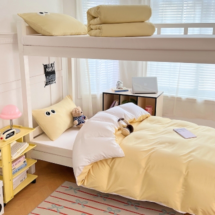 91家纺网 家纺一手货源 找家纺 （总）（总）2025新款学生季萌趣大眼睛毛巾绣纯色双拼水洗棉六件套大学生寝室上下铺组合套装