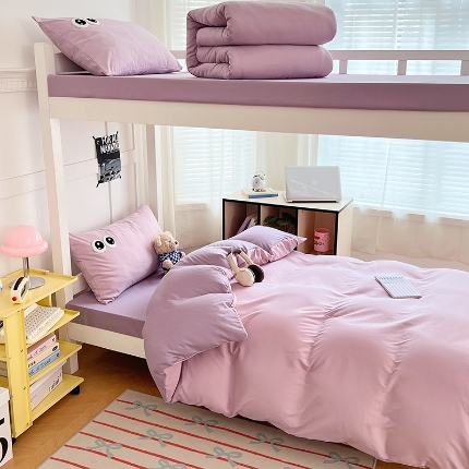 91家纺网 家纺一手货源 找家纺 （总）（总）2025新款学生季萌趣大眼睛毛巾绣纯色双拼水洗棉六件套大学生寝室上下铺组合套装