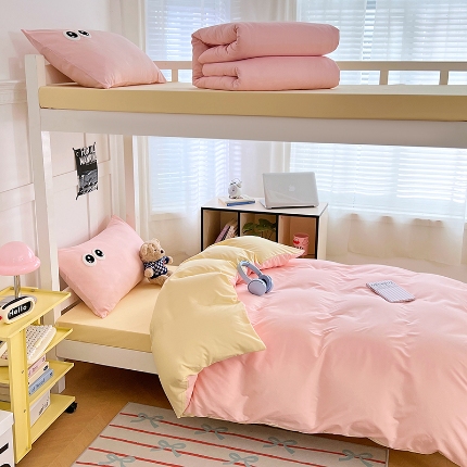 91家纺网 家纺一手货源 找家纺 （总）（总）2025新款学生季萌趣大眼睛毛巾绣纯色双拼水洗棉六件套大学生寝室上下铺组合套装