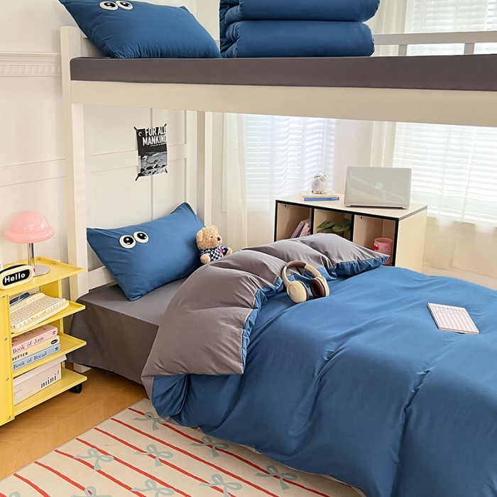 91家纺网 家纺一手货源 找家纺 （总）（总）2025新款学生季萌趣大眼睛毛巾绣纯色双拼水洗棉六件套大学生寝室上下铺组合套装