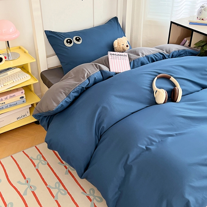 91家纺网 家纺一手货源 找家纺 （总）（总）2025新款学生季萌趣大眼睛毛巾绣纯色双拼水洗棉六件套大学生寝室上下铺组合套装