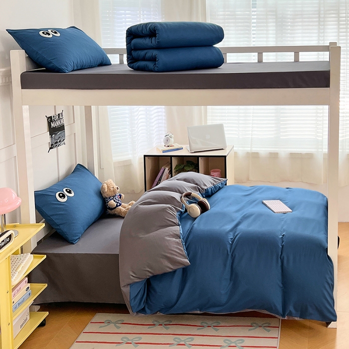 91家纺网 家纺一手货源 找家纺 （总）（总）2025新款学生季萌趣大眼睛毛巾绣纯色双拼水洗棉六件套大学生寝室上下铺组合套装