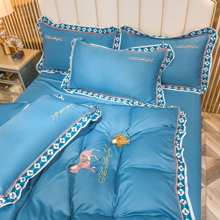 91家纺网 家纺一手货源 找家纺 （总）2025宽边数码印花水洗真丝绣花四件套 轻奢刺绣冰丝天丝套件