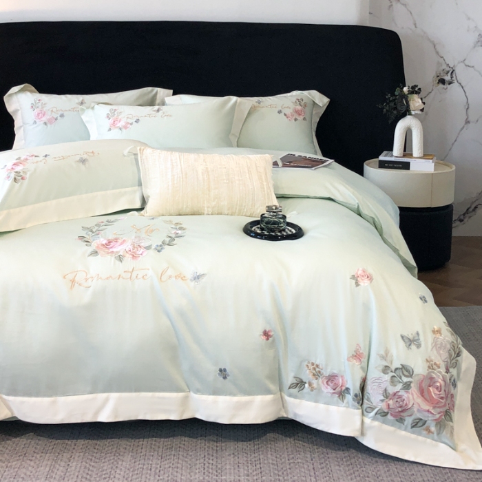 91家纺网 家纺一手货源 找家纺 春夏新品高级感50*50S贡缎长绒棉刺绣四件套纯棉床单全棉床笠高档礼盒装量大价优 清新绿-花缦-贡缎长绒棉