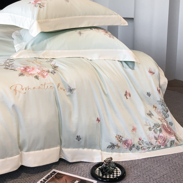 91家纺网 家纺一手货源 找家纺 春夏新品高级感50*50S贡缎长绒棉刺绣四件套纯棉床单全棉床笠高档礼盒装量大价优 清新绿-花缦-贡缎长绒棉