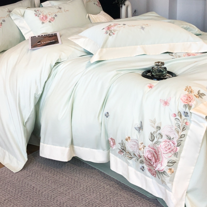 91家纺网 家纺一手货源 找家纺 春夏新品高级感50*50S贡缎长绒棉刺绣四件套纯棉床单全棉床笠高档礼盒装量大价优 清新绿-花缦-贡缎长绒棉