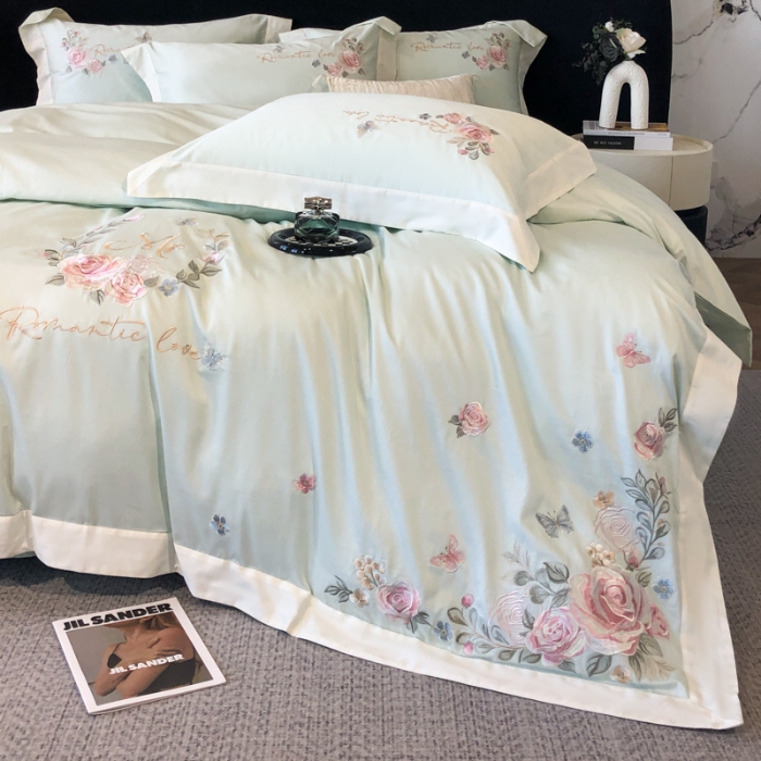 91家纺网 家纺一手货源 找家纺 春夏新品高级感50*50S贡缎长绒棉刺绣四件套纯棉床单全棉床笠高档礼盒装量大价优 清新绿-花缦-贡缎长绒棉