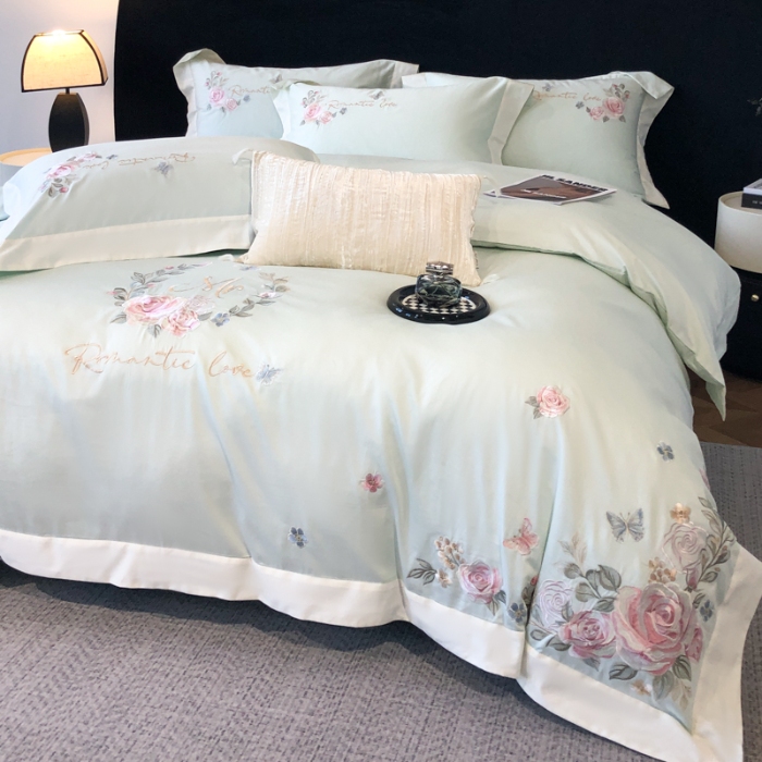 91家纺网 家纺一手货源 找家纺 春夏新品高级感50*50S贡缎长绒棉刺绣四件套纯棉床单全棉床笠高档礼盒装量大价优 清新绿-花缦-贡缎长绒棉