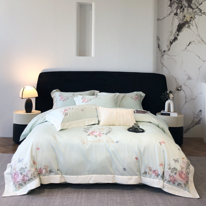 91家纺网 家纺一手货源 找家纺 春夏新品高级感50*50S贡缎长绒棉刺绣四件套纯棉床单全棉床笠高档礼盒装量大价优 清新绿-花缦-贡缎长绒棉