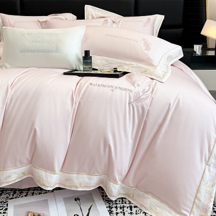 高档礼盒装50*50S贡缎长绒棉刺绣四件套100%纯棉全棉床单床笠款量大价优 塞纳河畔-粉-贡缎长绒棉