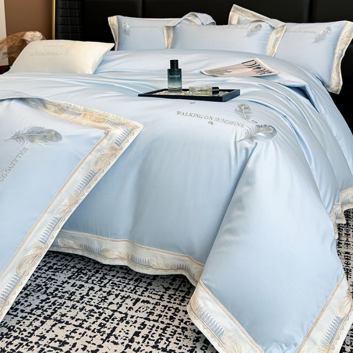 91家纺网 家纺一手货源 找家纺 高档礼盒装50*50S贡缎长绒棉刺绣四件套100%纯棉全棉床单床笠款量大价优 塞纳河畔-蓝-贡缎长绒棉