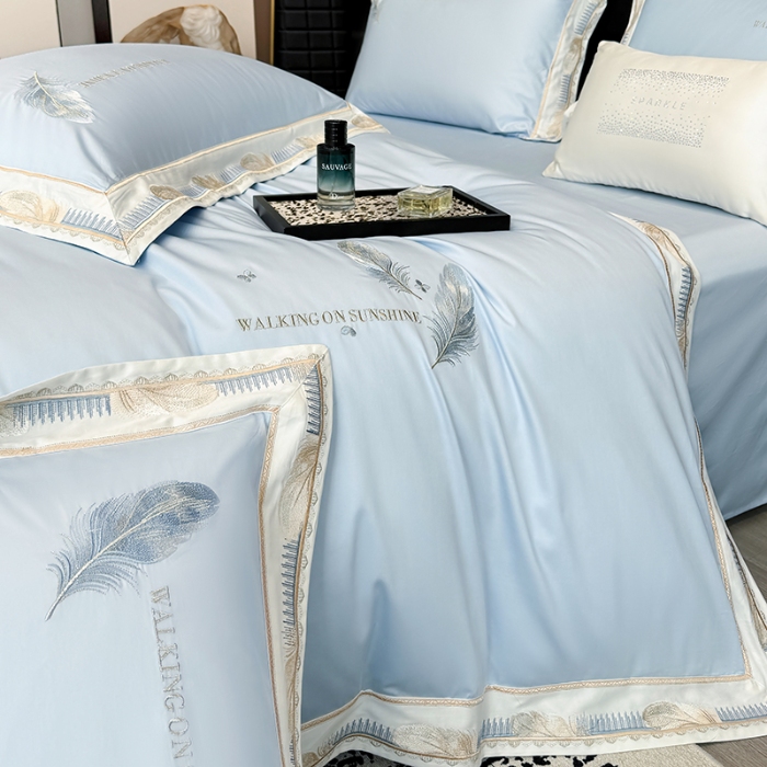 91家纺网 家纺一手货源 找家纺 高档礼盒装50*50S贡缎长绒棉刺绣四件套100%纯棉全棉床单床笠款量大价优 塞纳河畔-蓝-贡缎长绒棉