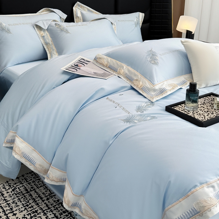 91家纺网 家纺一手货源 找家纺 高档礼盒装50*50S贡缎长绒棉刺绣四件套100%纯棉全棉床单床笠款量大价优 塞纳河畔-蓝-贡缎长绒棉