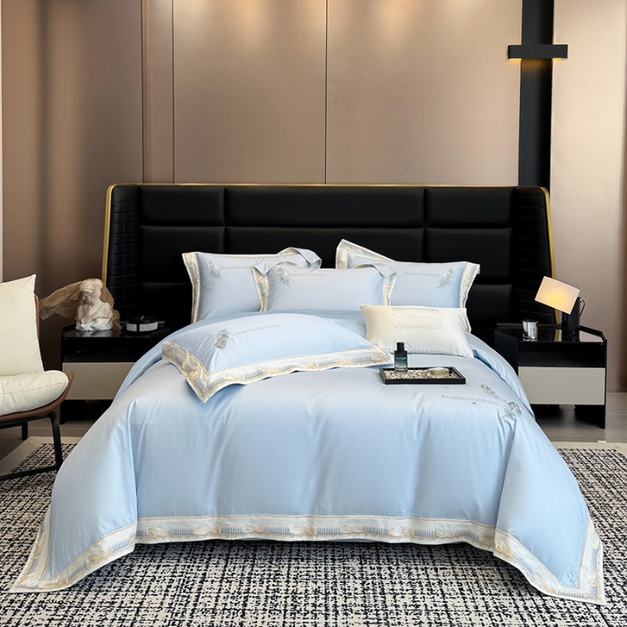 91家纺网 家纺一手货源 找家纺 高档礼盒装50*50S贡缎长绒棉刺绣四件套100%纯棉全棉床单床笠款量大价优 塞纳河畔-蓝-贡缎长绒棉