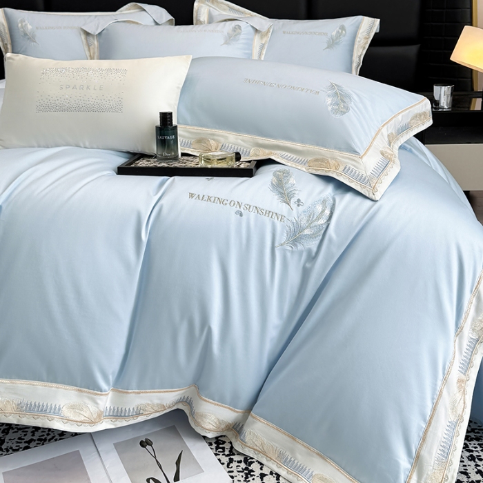 91家纺网 家纺一手货源 找家纺 高档礼盒装50*50S贡缎长绒棉刺绣四件套100%纯棉全棉床单床笠款量大价优 塞纳河畔-蓝-贡缎长绒棉