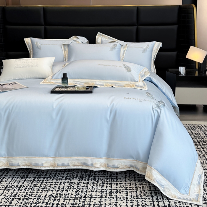 91家纺网 家纺一手货源 找家纺 高档礼盒装50*50S贡缎长绒棉刺绣四件套100%纯棉全棉床单床笠款量大价优 塞纳河畔-蓝-贡缎长绒棉