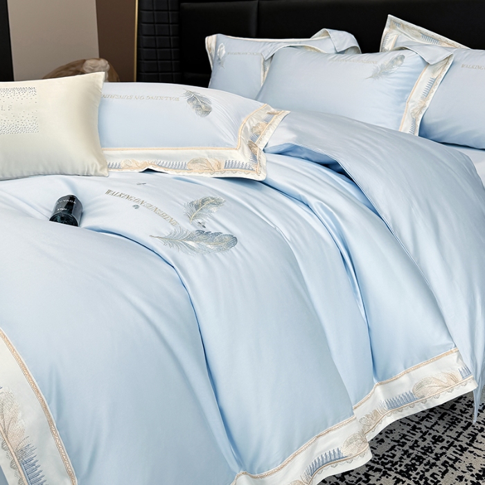 91家纺网 家纺一手货源 找家纺 高档礼盒装50*50S贡缎长绒棉刺绣四件套100%纯棉全棉床单床笠款量大价优 塞纳河畔-蓝-贡缎长绒棉