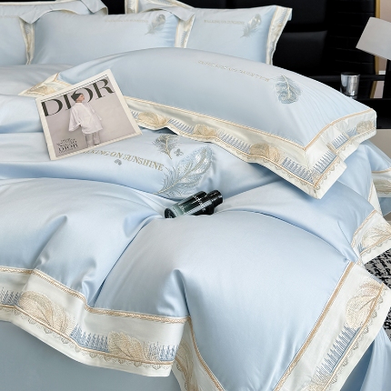 高档礼盒装50*50S贡缎长绒棉刺绣四件套100%纯棉全棉床单床笠款量大价优 塞纳河畔-蓝-贡缎长绒棉