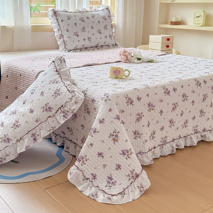 91家纺网 家纺一手货源 找家纺 （总）2025新款法式花边床盖三件套水洗棉夹棉韩版荷叶花边小碎花床盖