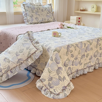 91家纺网 家纺一手货源 找家纺 （总）2025新款法式花边床盖三件套水洗棉夹棉韩版荷叶花边小碎花床盖