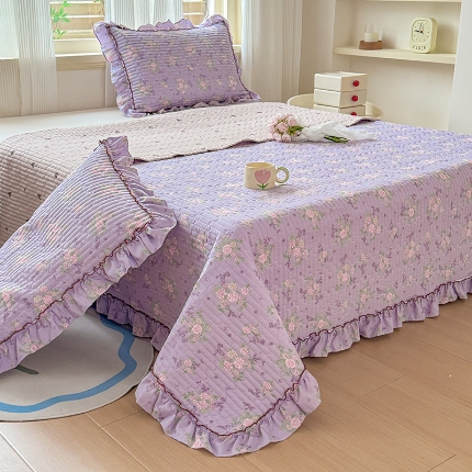 91家纺网 家纺一手货源 找家纺 （总）2025新款法式花边床盖三件套水洗棉夹棉韩版荷叶花边小碎花床盖