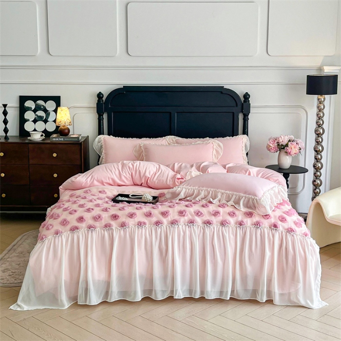 91家纺网 家纺一手货源 找家纺 （总）庭笙 2025新款梦幻纱立体玫瑰高定款法式蕾丝边四件套-玫瑰之恋