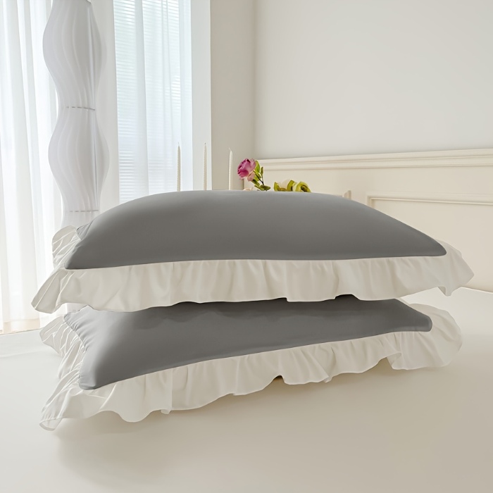 91家纺网 家纺一手货源 找家纺 （总）跨境专供 化纤磨毛纯色荷叶边一对枕套