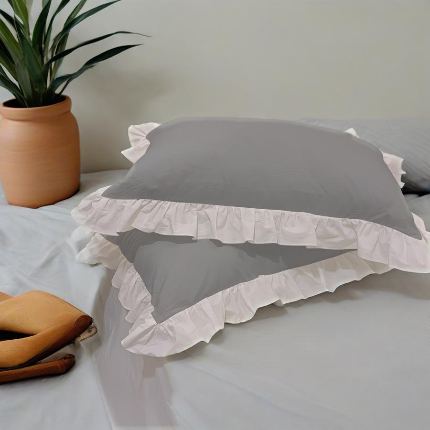 （总）跨境专供 化纤磨毛纯色荷叶边一对枕套