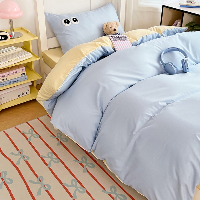 91家纺网 家纺一手货源 找家纺 （总）2025新款ins大眼睛毛巾绣纯色双拼水洗棉学生三件套宿舍寝室单双人枕套单品