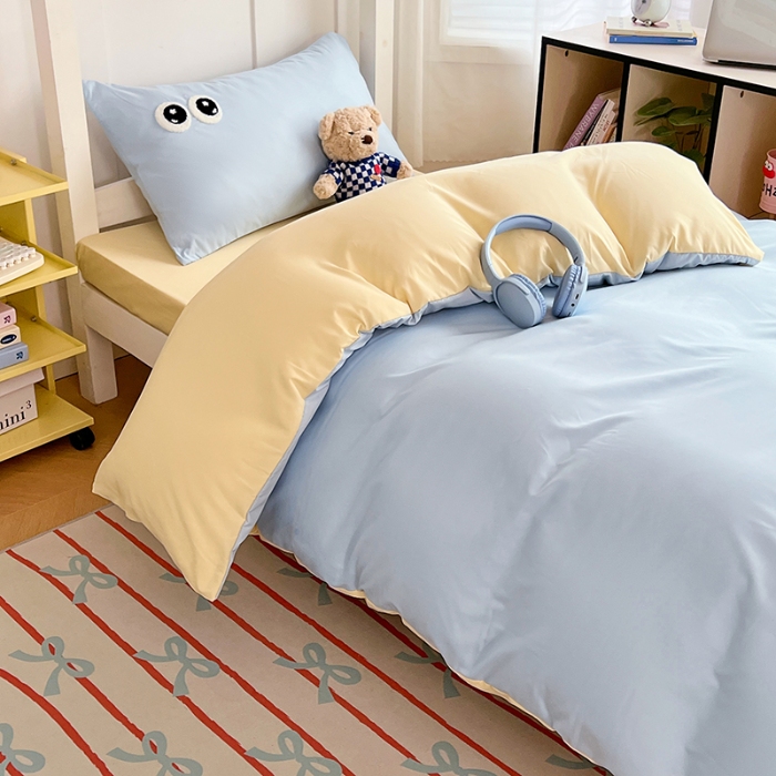 91家纺网 家纺一手货源 找家纺 （总）2025新款ins大眼睛毛巾绣纯色双拼水洗棉学生三件套宿舍寝室单双人枕套单品