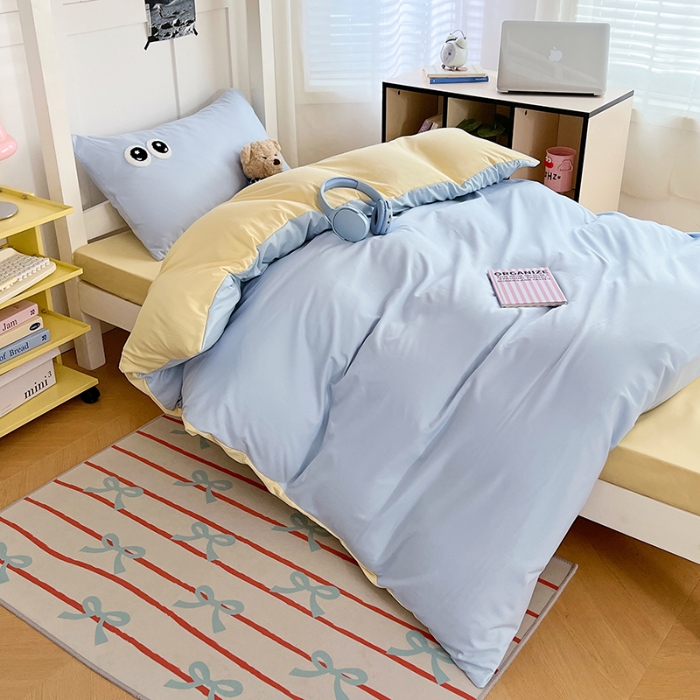 91家纺网 家纺一手货源 找家纺 （总）2025新款ins大眼睛毛巾绣纯色双拼水洗棉学生三件套宿舍寝室单双人枕套单品