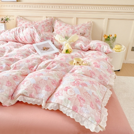 （总）【苏东来】2025韩版蕾丝花边纯棉全棉双层纱四件套全棉纯棉小碎花印花四件套法式赫本公主风韩系皱皱纱花边四件套针织棉四件套件