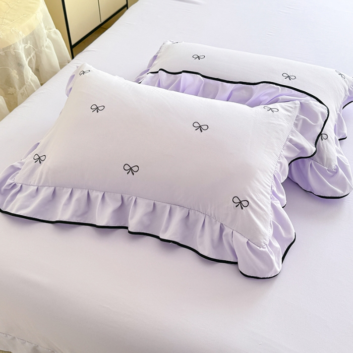 91家纺网 家纺一手货源 找家纺 漫布云家纺2025春夏新品韩版花边款刺绣水洗棉四件套A类母婴级针织双层纱蝴蝶结绣花纯棉全棉床裙款四件套小香风 蝶儿飞飞--梦幻紫