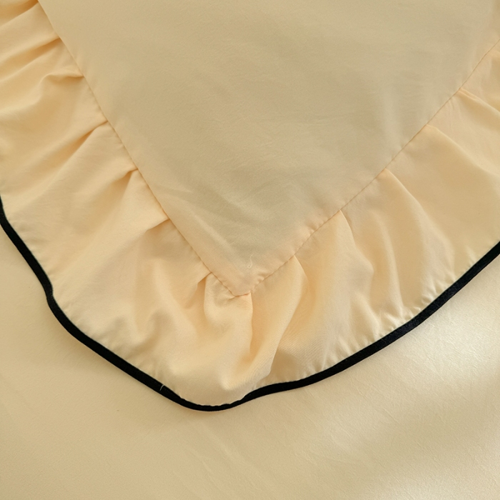 91家纺网 家纺一手货源 找家纺 漫布云家纺2025春夏新品韩版花边款刺绣水洗棉四件套A类母婴级针织双层纱蝴蝶结绣花纯棉全棉床裙款四件套小香风 蝶儿飞飞—嫩黄 