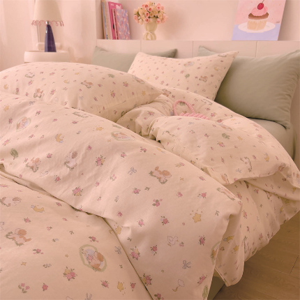 91家纺网 家纺一手货源 找家纺 DoDo 兜兜 2025新款全棉纯棉小温暖双层纱四件套【可定做尺寸】 春日小狗