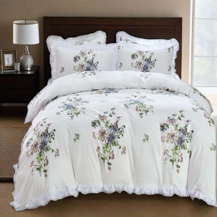 91家纺网 家纺一手货源 找家纺 （总）跨境专供化纤磨毛印花荷叶边被套三件套