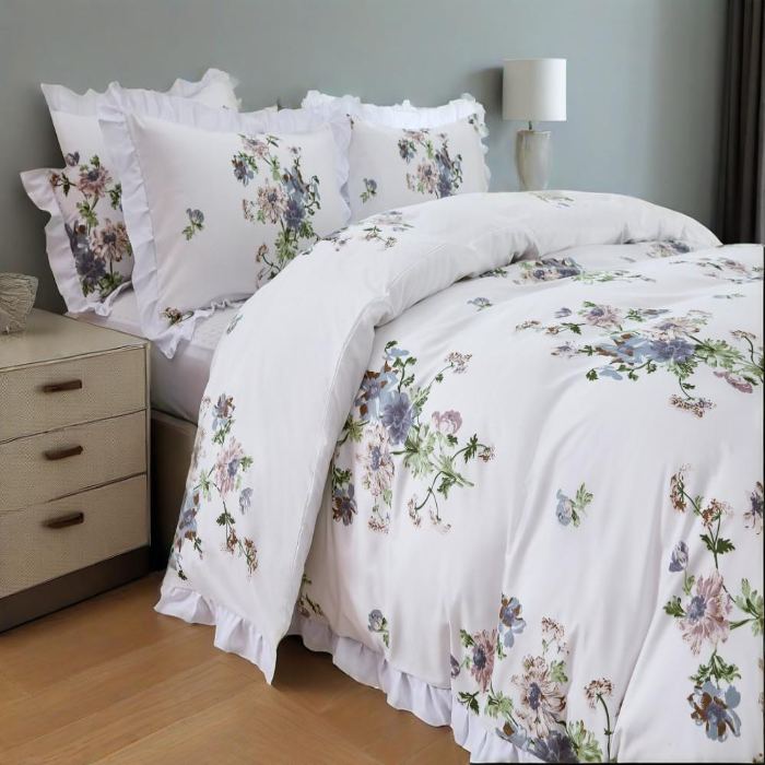 91家纺网 家纺一手货源 找家纺 （总）跨境专供化纤磨毛印花荷叶边被套三件套