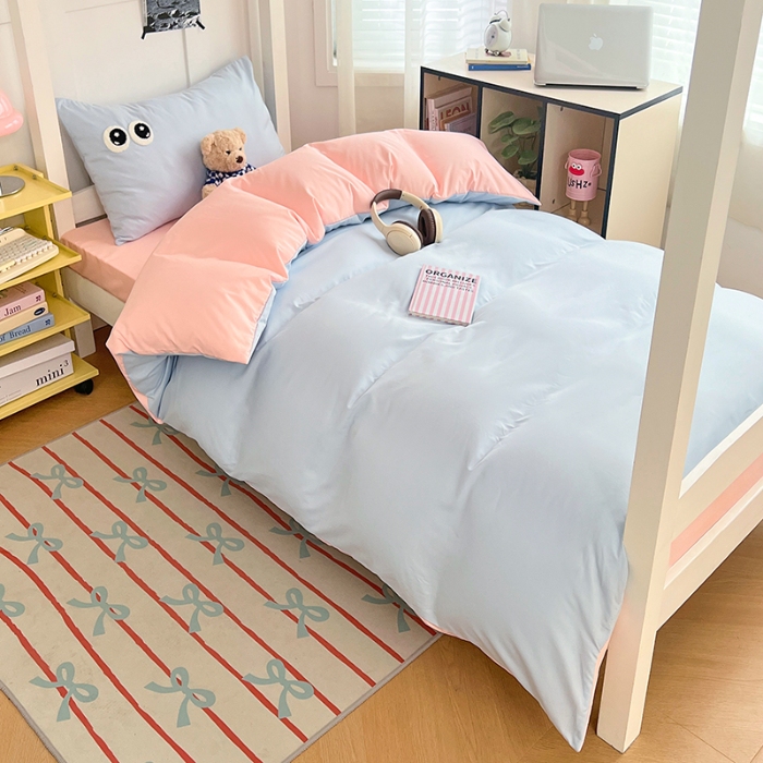 91家纺网 家纺一手货源 找家纺 （总）2025新款多巴胺大眼睛毛巾绣纯色水洗棉双拼学生宿舍单枕套三件套寝室四件套四季款