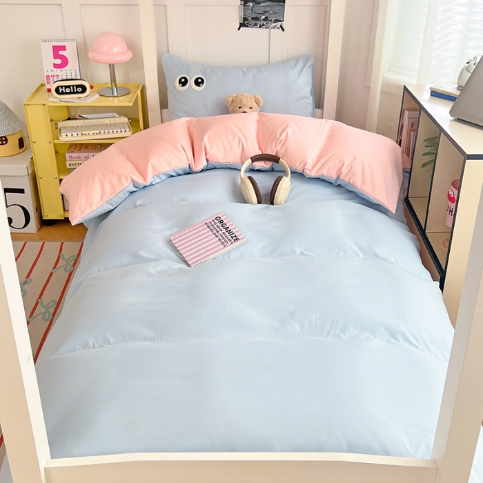 91家纺网 家纺一手货源 找家纺 （总）2025新款多巴胺大眼睛毛巾绣纯色水洗棉双拼学生宿舍单枕套三件套寝室四件套四季款