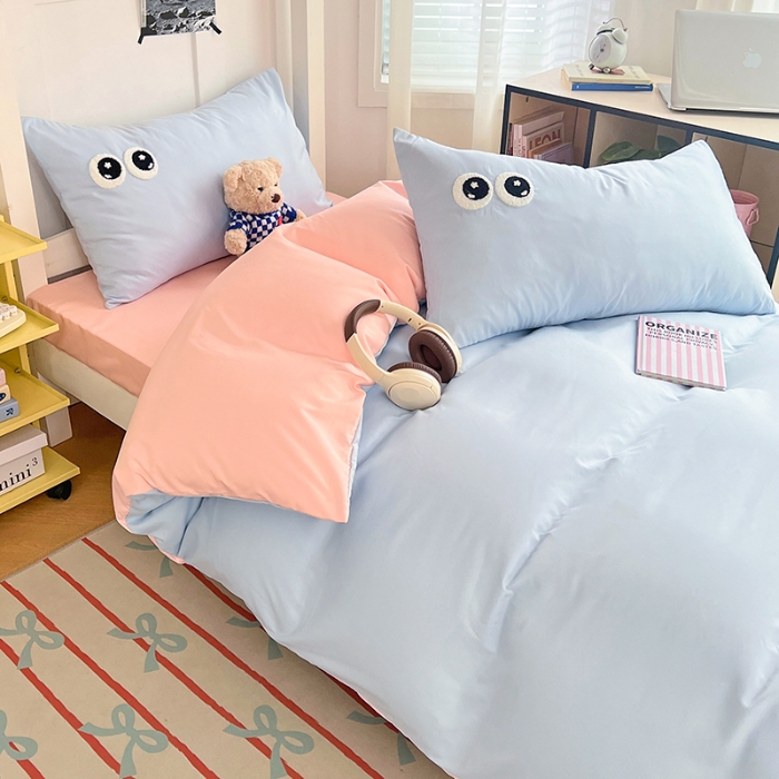 91家纺网 家纺一手货源 找家纺 （总）2025新款多巴胺大眼睛毛巾绣纯色水洗棉双拼学生宿舍单枕套三件套寝室四件套四季款