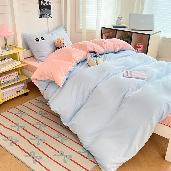 91家纺网 家纺一手货源 找家纺 （总）2025新款多巴胺大眼睛毛巾绣纯色水洗棉双拼学生宿舍单枕套三件套寝室四件套四季款