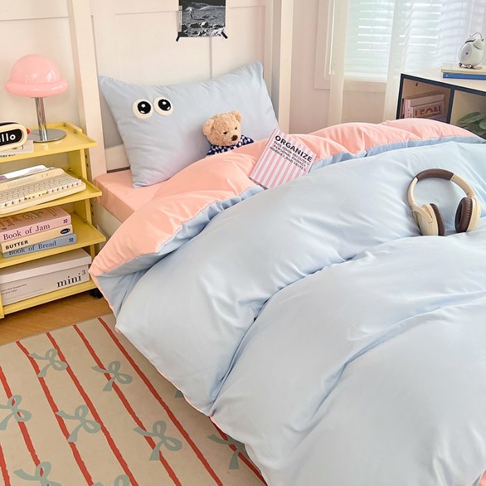 91家纺网 家纺一手货源 找家纺 （总）2025新款多巴胺大眼睛毛巾绣纯色水洗棉双拼学生宿舍单枕套三件套寝室四件套四季款