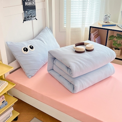 （总）2025新款多巴胺大眼睛毛巾绣纯色水洗棉双拼学生宿舍单枕套三件套寝室四件套四季款