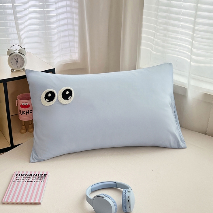 91家纺网 家纺一手货源 找家纺 （总）2025新款多巴胺大眼睛毛巾绣纯色水洗棉双拼学生宿舍单枕套三件套寝室四件套四季款