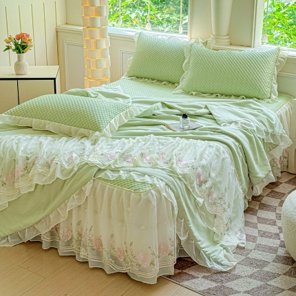 （总）苏米娜2025夏季韩版公主风水洗棉蕾丝床盖款夏被三件套法式蕾丝花边床裙款三件套
