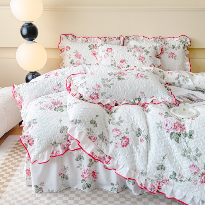 91家纺网 家纺一手货源 找家纺 （总）2025云朵棉多功能印花全夹棉床裙四件套 夹棉被套空调被蕾丝花边加棉床裙三件套枕套夏被单品