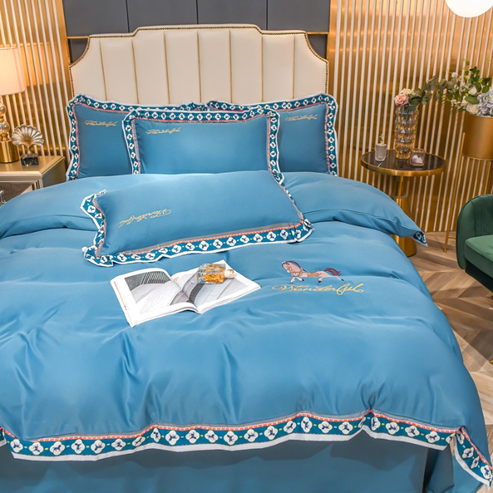 91家纺网 家纺一手货源 找家纺 （总）2025宽边数码印花水洗真丝绣花四件套 轻奢刺绣冰丝天丝套件