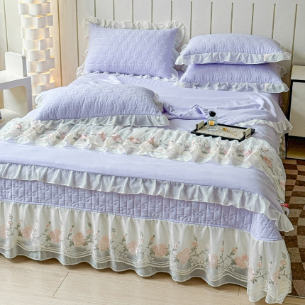 （总）苏米娜2025春夏韩版公主风水洗棉蕾丝床盖款夏被四件套法式蕾丝花边床裙款四件套
