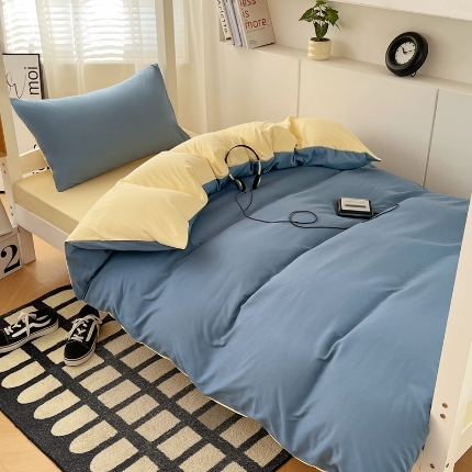 91家纺网 家纺一手货源 找家纺 （总）（总）2025新款纯色双拼水洗棉学生三件套六件套上下铺组合套装床品套件